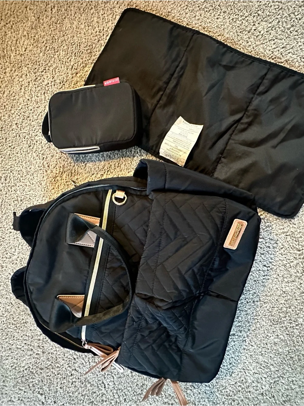 Skip Hop Black Quilted Diaper Backpack with Gold Accents